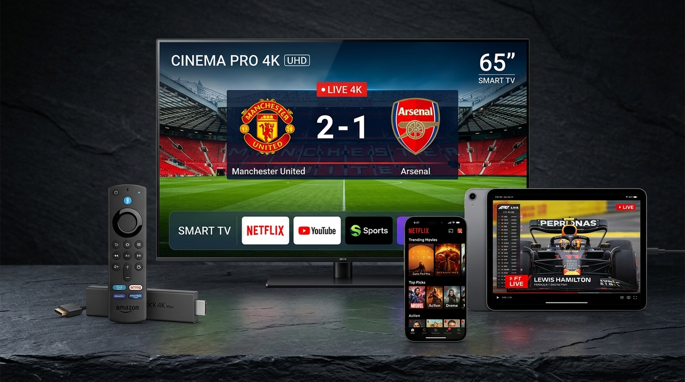 IPTV UK compatible multi-device showcase featuring 4K Smart TV, Amazon Firestick 4K Max, iPad Pro, and iPhone on a sleek studio backdrop