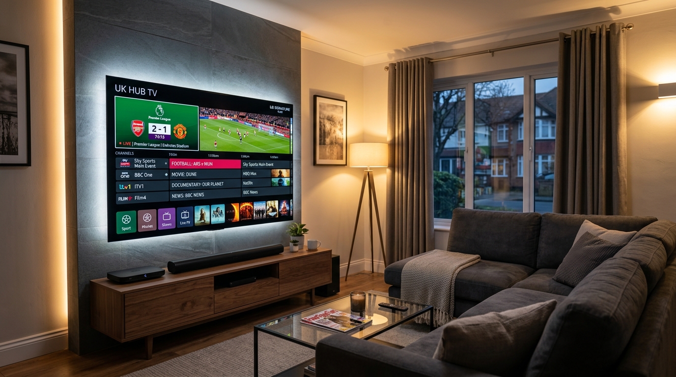 IPTV UK interface on a 4K living room TV showing live Premier League football alongside kids cartoon channels and movie guide